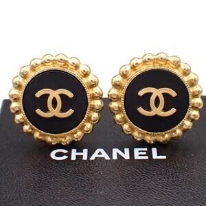 Chanel Gold Plated CC Round Earrings Black